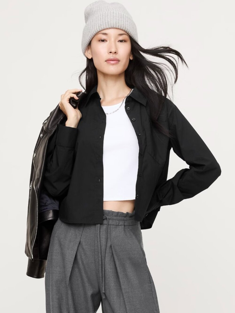 Banana Republic Cotton Poplin Ruffle-Back Shirt in Black
